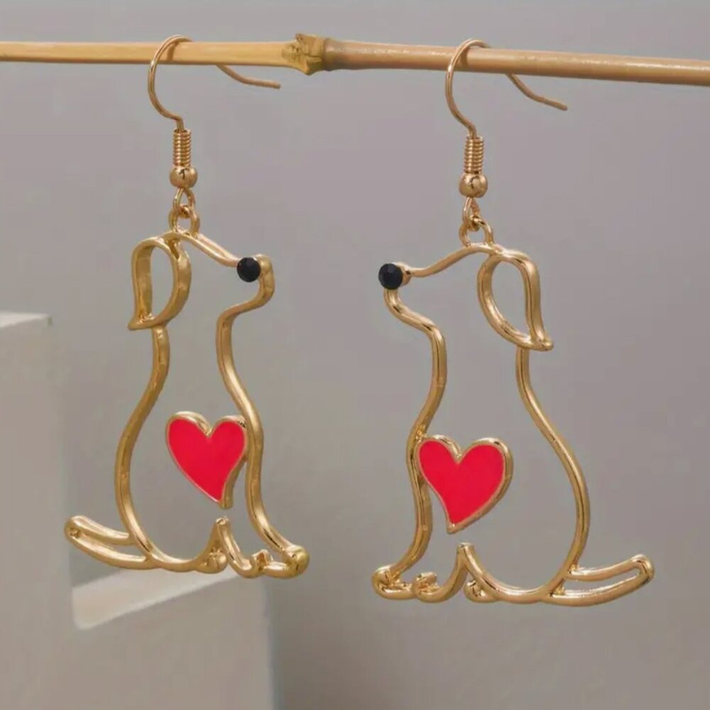 NEW Dark Pink and Gold Puppy Love Silhouette Drop Dangle Dog Earrings